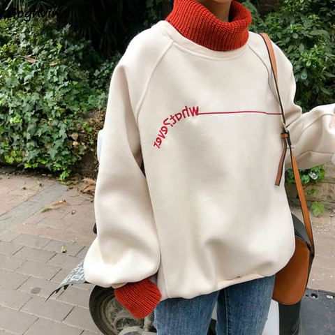 Sudadera con capucha para mujer, de cuello alto, estilo coreano, informal, gruesa, cálida, holgada, Harajuku, Tops, suéter con letras suaves, novedad ► Foto 1/6