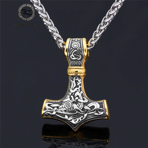 Amuleto de acero inoxidable Punk para hombre, colgante de vikingo escandinavo, cordón, cadena con martillo de Thor dorado de Odín, collares para hombre, joyería étnica ► Foto 1/6