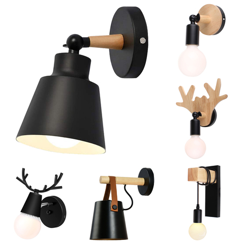 Lámpara de noche para dormitorio, luces de pared de madera nórdica E27 modernas, candelabro de iluminación LED para el hogar, decoración de habitación, color blanco y negro ► Foto 1/6