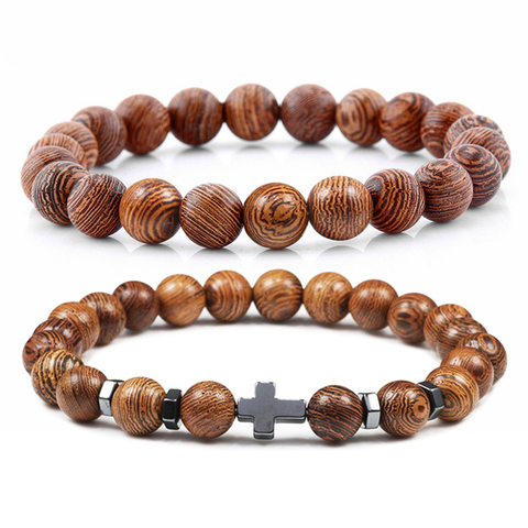 Brazalete de cuentas de madera clásica de 8mm para hombre y mujer, amuleto cruzado con Cabeza de Buda, chacras, Braslets de piedra Natural, joyería para Yoga y oración ► Foto 1/6