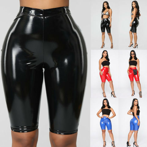 Capri de cuero PU brillante para mujer, pantalones cortos ajustados de cintura alta, sólidos, Bodycon, Sexy, oferta ► Foto 1/6