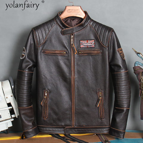 Chaqueta de cuero de vaca auténtico para hombre, 100% Vintage, abrigo de cuero de vaca, Chaqueta corta de motorista, chaquetas bordadas para hombre, XP680NP KJ ► Foto 1/6