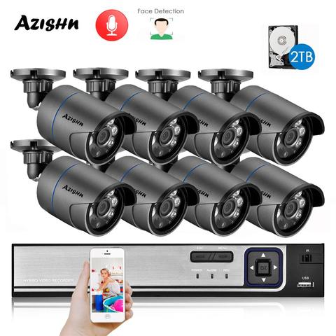 AZISHN H.265 + 8CH 5MP POE sistema de seguridad NVR Kit Audio IP Cámara IR al aire libre IP66 detección facial vídeo CCTV Vigilancia Conjunto NVR ► Foto 1/6