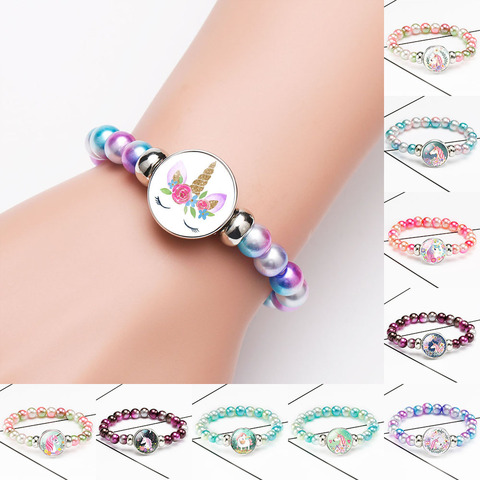 Pulseras de cuentas de unicornio de 18mm para niñas y niños, brazaletes a presión con botones, cabujón de cúpula, dijes de flamencos, regalo de joyería ► Foto 1/6