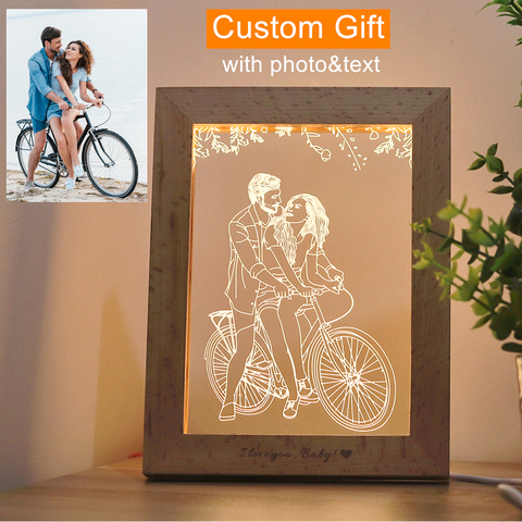 Lámpara de mesa personalizada con foto y texto, luz LED 3D de Marco de Fotos de madera, marco de foto USB, luz nocturna, regalo personalizado en 3 colores ► Foto 1/6