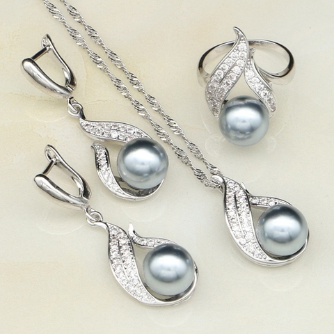 Conjunto de joyería de circonia cúbica blanca y Perla gris para mujer, joyería nupcial de Plata de Ley 925, pendiente/anillo/colgante/Collar ► Foto 1/5