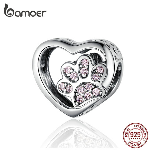 Amuleto con forma de corazón de amor de gato BAMOER, amuletos de corazón pisadas de pata de plata de ley 925 para brazalete, pulsera, joyería fina SCC1191 ► Foto 1/6