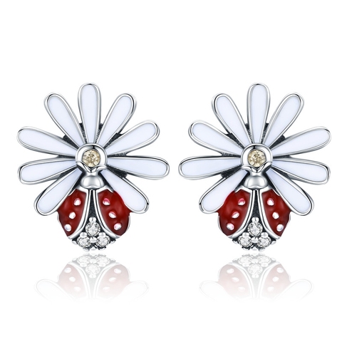 BAMOER auténtica Plata de Ley 925 Daisy flor rojo mariquita pendientes para las mujeres pendientes de moda regalo de la joyería de SCE459 ► Foto 1/6