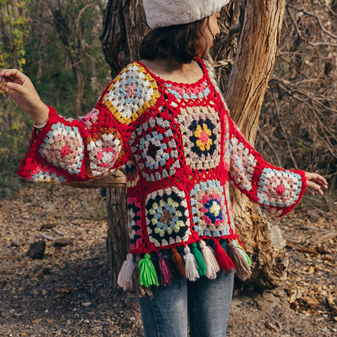 TEELYNN-suéter calado tejido a mano para mujer, suéter étnico con flecos y borlas, suéteres bohemios de otoño, 2022 ► Foto 1/6