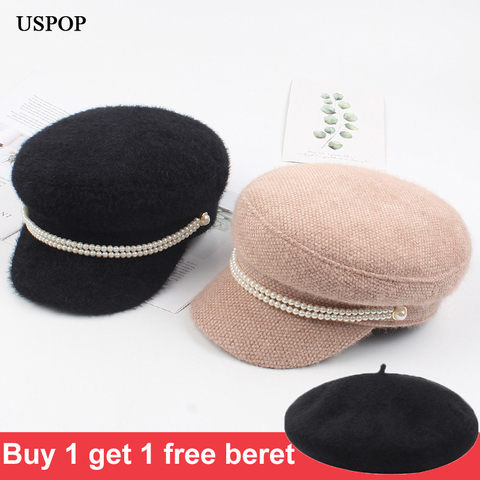 USPOP-gorros de invierno con perlas de visón para mujer, gorras militares, Estilo vintage, planas, gruesas y cálidas, unisex ► Foto 1/6