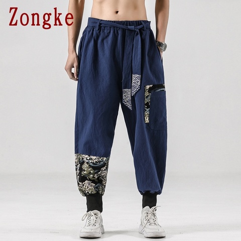 Zongke 2022 otoño Patchwork Casual Harem pantalones hombres ropa Joggers ropa informal japonesa Lino pantalones chándal de Hip Hop M-5XL ► Foto 1/6