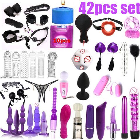 42 Uds conjunto de productos del sexo juguetes eróticos para adultos sadomasoquismo sexo Bondage set esposas consolador Anal tapón vibrador látigo, Juguetes sexuales para mujeres ► Foto 1/4