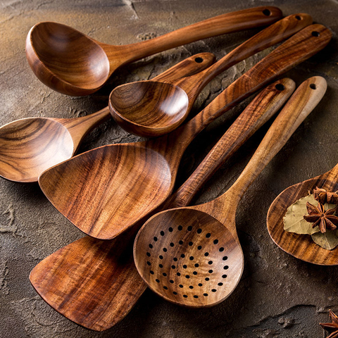 Vajilla de madera teca tailandesa Natural, cuchara, cucharón, colador de arroz largo, cucharas de cocina, juego de herramientas de cocina ► Foto 1/6
