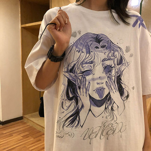 Mujer Casual camiseta blanca de dibujos animados chica divertida impreso Streetwear Tops mujer Camiseta de manga corta de moda camiseta de Hip Hop ropa ► Foto 1/5