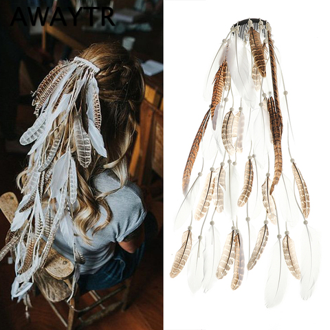 AWAYTR-Horquillas para el pelo con borla de pluma para Festival indio para mujer, diadema Hippie, banda étnica para la cabeza, pinzas para el pelo, tocados ► Foto 1/6