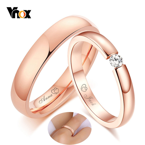 Vnox-anillos de aniversario de boda para hombre y mujer, con grabado personalizado con nombre y fecha, color oro rosa 585, regalos de compromiso de amor ► Foto 1/6