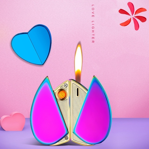 2022 personalidad creativa en forma de corazón de llama de butano encendedor de Gas doble y USB encendedor de amor de Navidad encendedor regalo ► Foto 1/6