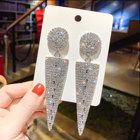 Pendientes grandes para mujer, joyería de boda, aretes colgantes de cristal de Metal triangulares geométricos para mujer, aretes de fiesta de moda ► Foto 1/6