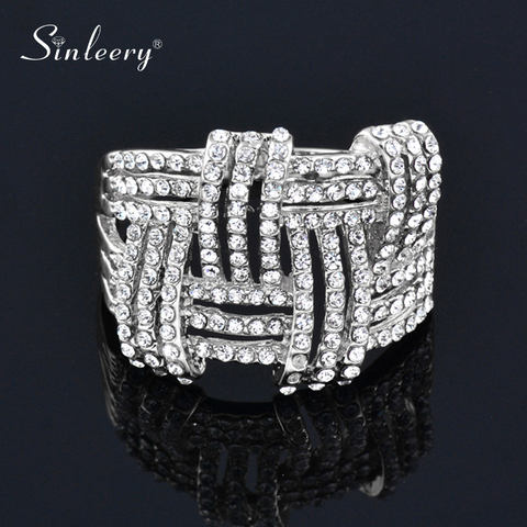 SINLEERY-anillos de cristal Micro pavé con forma de tejido hueco grande para mujer, Color plateado, Anillo joya llamativa, Anel JZ054 SSC ► Foto 1/6