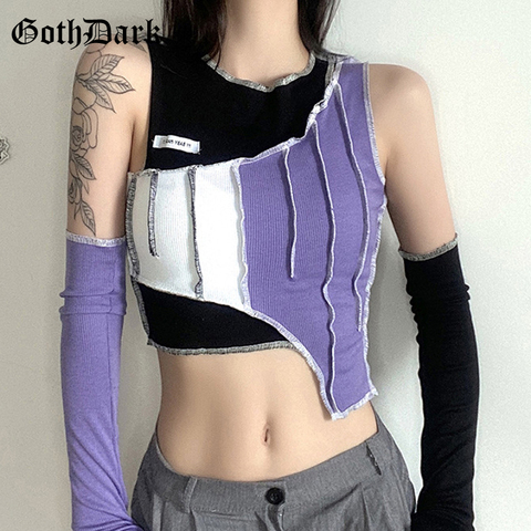 Camisetas de estilo gótico Dark Y2k de franjas de diferente Color, camiseta de manga corta separada de retales Punk Hip Hop, Tops de mujer con cuello redondo para otoño ► Foto 1/6