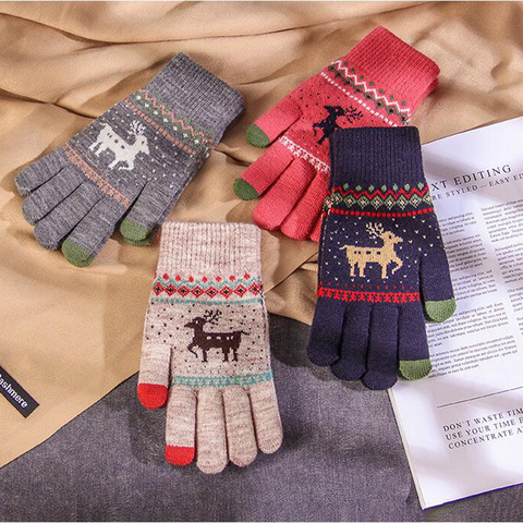 Guantes de mujer de moda invierno más terciopelo grueso tejido Navidad ciervos guantes de dedo completo guantes de pantalla táctil guantes de montar calientes A12 ► Foto 1/6