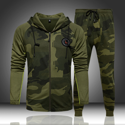 Chándal de camuflaje con capucha para hombre, conjunto de 2 piezas, chándal deportivo de camuflaje deportivo, chaqueta y pantalones ► Foto 1/6