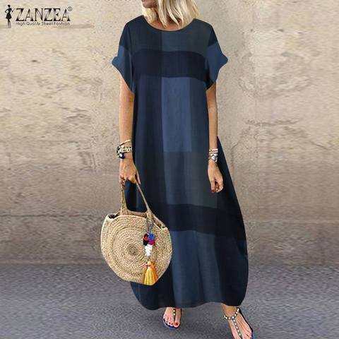 ZANZEA 2022 Vintage verano Pantalones de las mujeres Maxi vestido comprobar vestido pantalón corto Casual Vestidos de manga mujer cuello traje de talla grande 7 ► Foto 1/5