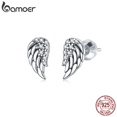 Bamoer-pendientes de tuerca con diseño de alas para mujer, Plata de Ley 925 100% auténtica deslumbrante, Estilo Vintage, joyería fina, SCE882 ► Foto 1/6