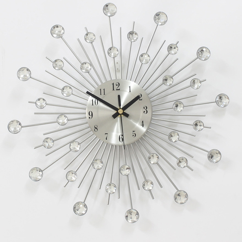 Reloj de pared de Metal moderno, decoración, con diamantes de imitación, de lujo, para arte de sala de estar, plateado ► Foto 1/6