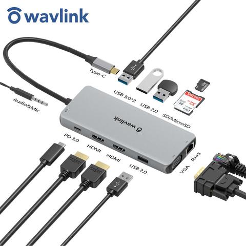 Wavlink USB-C MST Triple Docking estación Dual 4K apoyo HDMI Dual \ vídeo VGA puertos 87W de potencia para portátil \ teléfono ► Foto 1/6