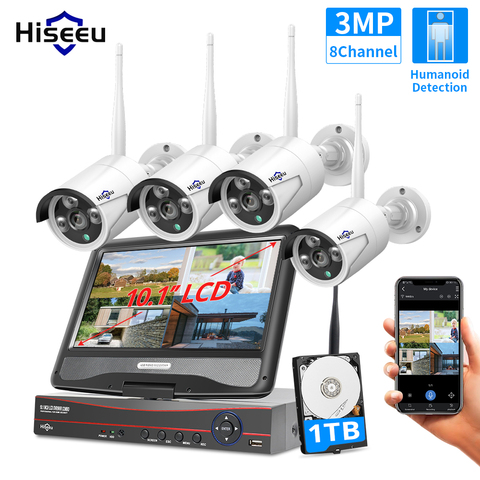 Conjunto de cámara CCTV de vigilancia inalámbrica Hiseeu 8CH 3MP con Monitor de 10,1 