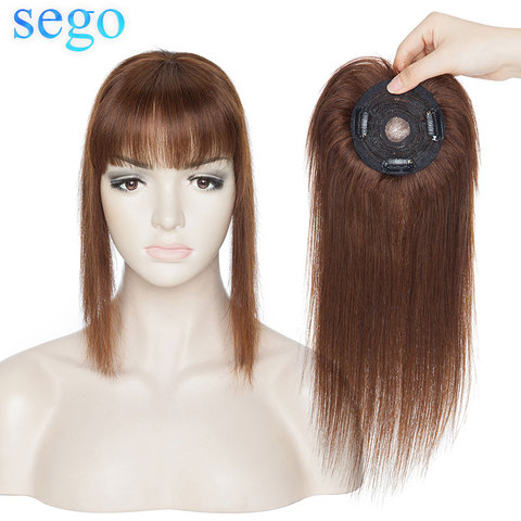 SEGO-Peluca de pelo humano liso Remy para mujer, peluquín de pelo humano indio con flequillo pequeño, 10x10cm, 10-14 pulgadas ► Foto 1/6