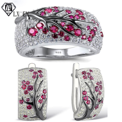 LXOEN-rama de ciruelo con microincrustaciones para mujer, juegos de joyas para mujer, pendientes de circón rojo y anillo, conjunto de boda, joyería ► Foto 1/6