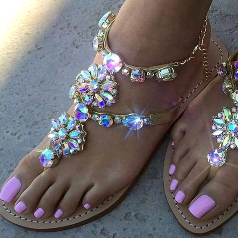 Sandalias con diamantes de imitación para mujer, chanclas planas de gladiador con cadenas y diamantes de imitación, zapato de cristal de talla grande 42, tenis femeninos 2022 ► Foto 1/6