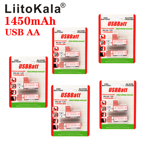 LiitoKala-batería portátil AA recargable por USB, pilas AA recargables con indicador LED, 1450mAh, 1,2 v, 10 unids/lote ► Foto 1/6