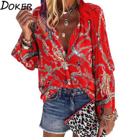 Blusa holgada informal con manga larga para verano, camisa con estampado de cadenas para mujer, cuello en V, talla grande, 2022 ► Foto 1/6