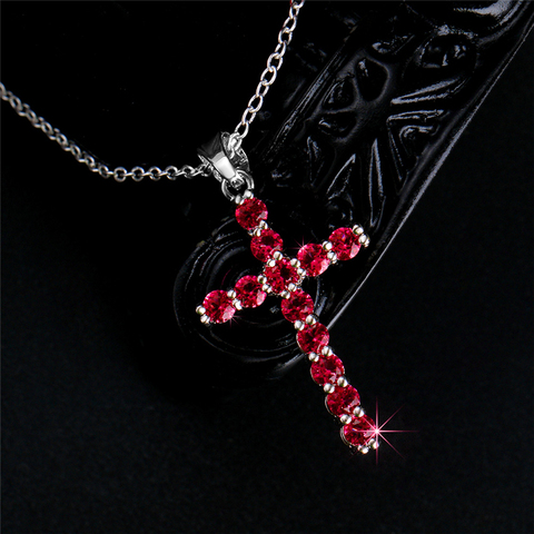 Charmhouse-collares de plata S925 para mujer, colgante de Cruz de cristal rojo y collar, regalos de Navidad, joyería de moda, Bisutería ► Foto 1/6