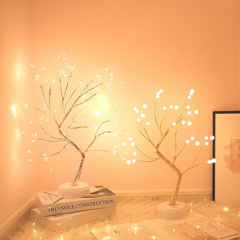 Luz LED de cobre con cable de luz nocturna, luces de hadas para árbol, decoración del hogar, lámpara de noche para dormitorio, mesita de noche, lámpara con USB y batería ► Foto 1/6