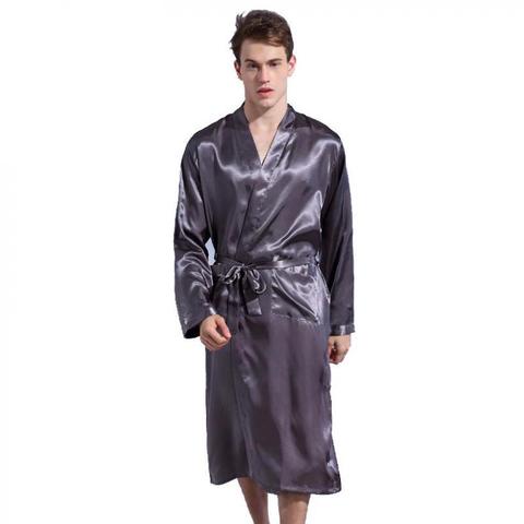 Bata Kimono de satén para hombre, ropa de dormir informal, holgada, de verano, color gris, para el hogar, talla XL 2XL ► Foto 1/6