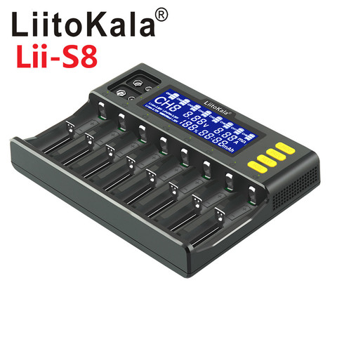 LiitoKala Lii-S8 cargador de batería LCD de 8 ranuras para Li-ion LiFePO4 Ni-MH ni-cd 9V 21700 20700 26650 18650 RCR123 18700 ► Foto 1/6