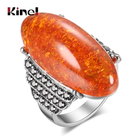 Kinel-Anillo de piedras de amberos para mujer, óvalo grande, Color plata, negro brillante, cristal, Vintage, joyería de boda ► Foto 1/6