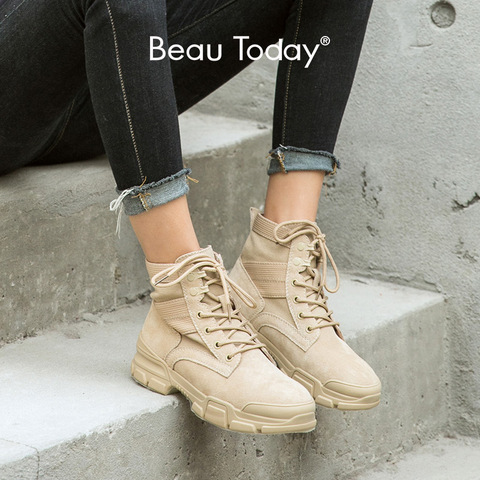 BeauToday-Botines de piel de cuero vacuno para mujer, botas de combate de lona con punta redonda entrelazada, zapatos de desierto para otoño e invierno, 04024 ► Foto 1/6