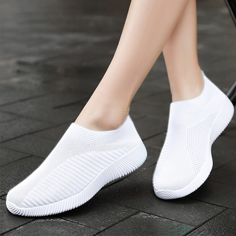 Zapatillas de deporte de talla grande para mujer, zapatos deportivos de malla transpirables, zapatillas de plataforma sin cordones, calcetín de punto blanco, informales ► Foto 1/6