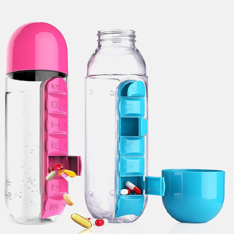 Botella de agua con Pillbox de 600Ml, recipiente para bebida de plástico con caja de pastillas de medicina, organizador de 7 días de viaje para bebida ► Foto 1/6