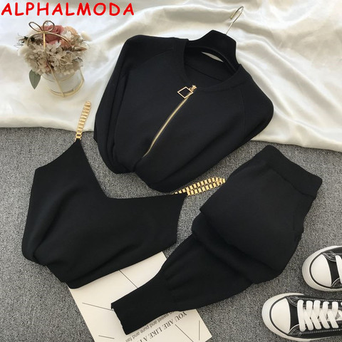 ALPHALMODA-chaquetas con cremallera de calidad Normal para mujer, chaleco de cadena y pantalones, traje de moda de 3 uds., chándales de punto acogedores para Otoño e Invierno ► Foto 1/6