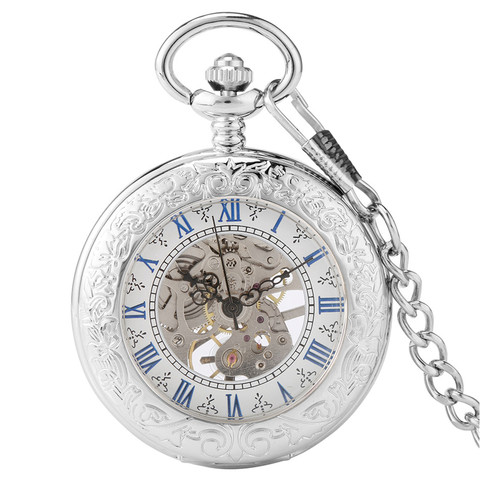 Reloj de bolsillo mecánico de plata, cuerda a mano, antiguo, números romanos azules, exhibición de esqueleto, colgante, regalos para ancianos ► Foto 1/6