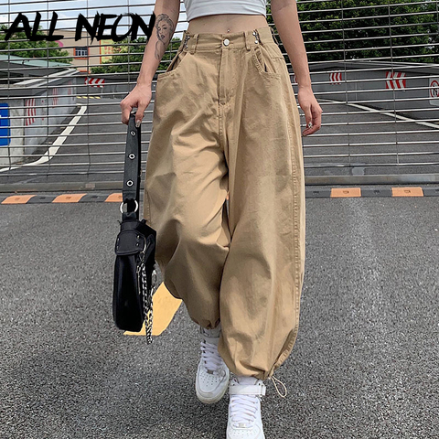 ALLNeon-pantalones Cargo holgados de estilo Hip Hop, ropa de calle largo ajustable con cordón de cintura, color caqui, Y2K, 90s, otoño ► Foto 1/6