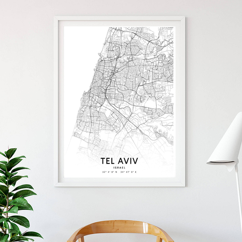 Póster de lona con estampado de Mapa de Ciudad de Israel para decoración del hogar, cuadro de arte de pared de estilo nórdico en blanco y negro ► Foto 1/6