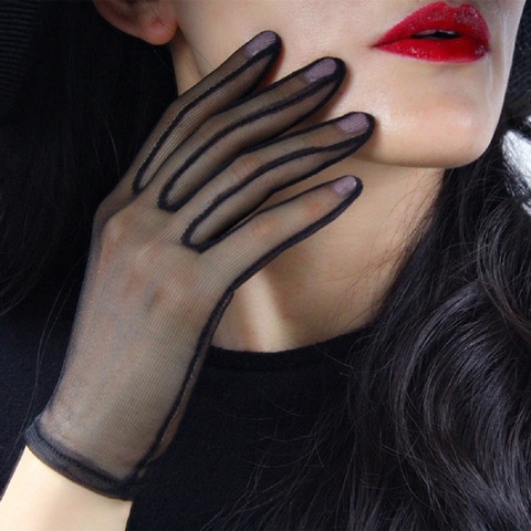 Guantes cortos de seda negra para mujer, de gasa de malla de encaje, ultrafinos, Vintage, elegantes, Sexy, transparente, para fiesta ► Foto 1/5
