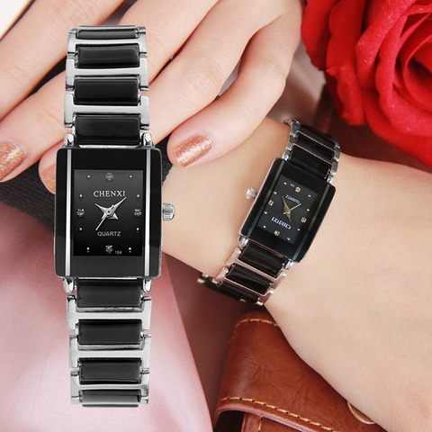 Marca CHENXI dama elegante reloj negro de cerámica Simple minimalismo pequeño estrecho de cuarzo Casual reloj de mujer de diamantes de imitación reloj de pulsera ► Foto 1/6